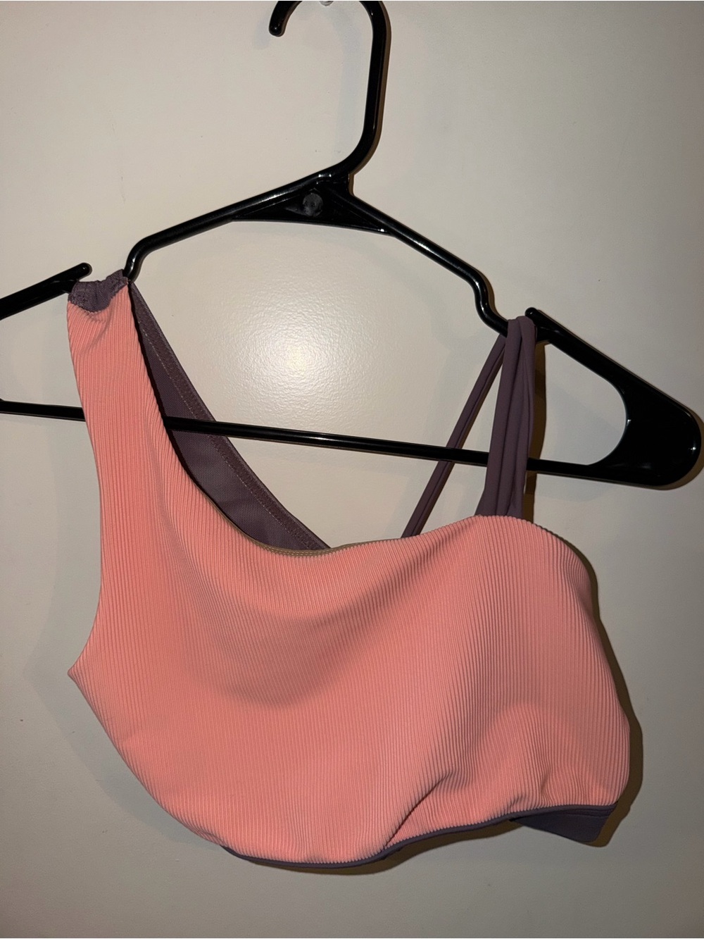 Asymmetric Ribbed Sports Bra in Coral and Mauve